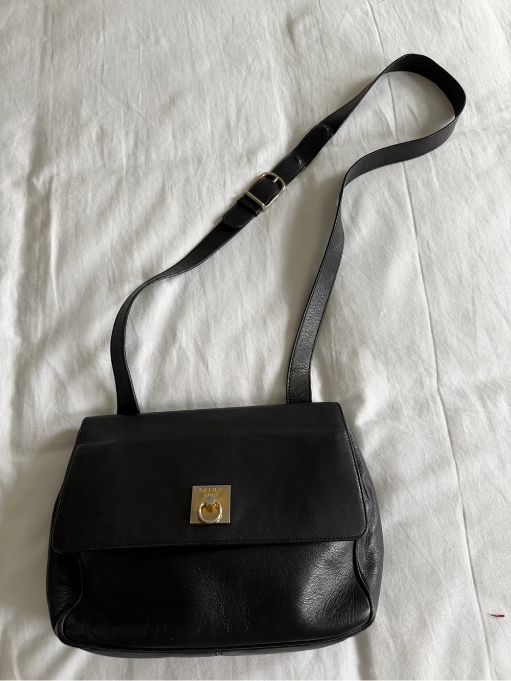 Celine Vintage Black Leather Shoulder Bag with Gold-Tone Push Lock